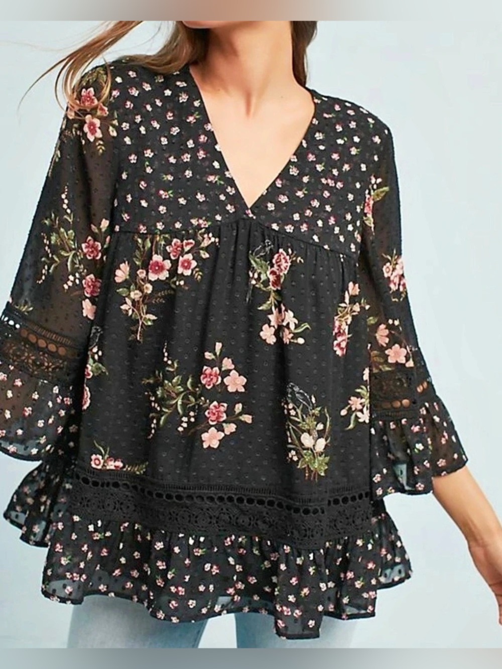 Maeve by Anthropologie Black and Pink Floral Ruffle Blouse - Size S